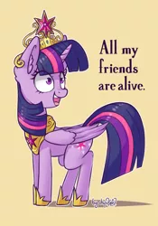 Size: 716x1024 | Tagged: safe, artist:dsp2003, derpibooru import, edit, twilight sparkle, twilight sparkle (alicorn), alicorn, pony, all my friends are alive, all my friends are dead, big crown thingy, clothes, jewelry, regalia, shoes