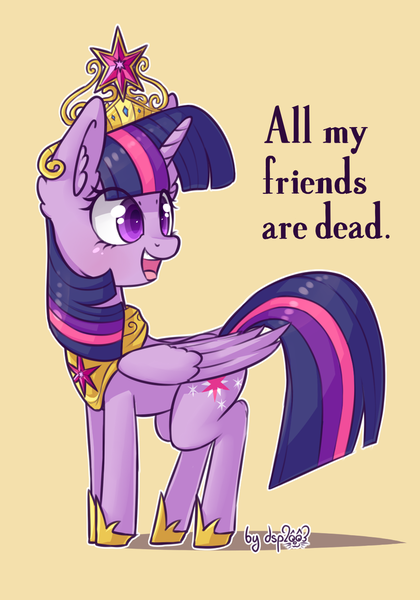 Size: 716x1024 | Tagged: safe, artist:dsp2003, derpibooru import, edit, twilight sparkle, twilight sparkle (alicorn), alicorn, pony, all my friends are dead, big crown thingy, clothes, female, irrational exuberance, jewelry, mare, regalia, shoes, simple background, smiling, solo, twilight will outlive her friends, yellow background