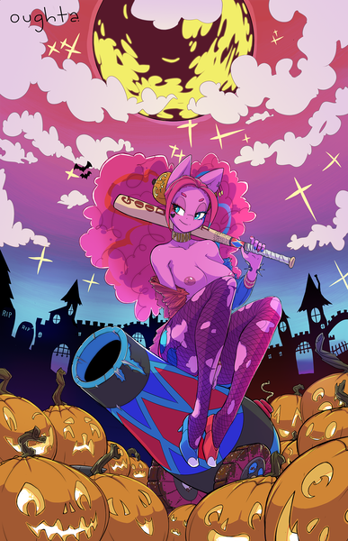 Size: 1323x2053 | Tagged: questionable, artist:oughta, derpibooru import, pinkie pie, anthro, earth pony, plantigrade anthro, art pack:all nightmare long, alternate hairstyle, baseball bat, big breasts, breasts, busty pinkie pie, choker, clothes, cutie mark, female, halloween, harley quinn, high heels, holiday, jack-o-lantern, mare, moon, nipples, nudity, party cannon, pumpkin, ripped stockings, shoes, solo, solo female, stockings, stupid sexy pinkie, thigh highs