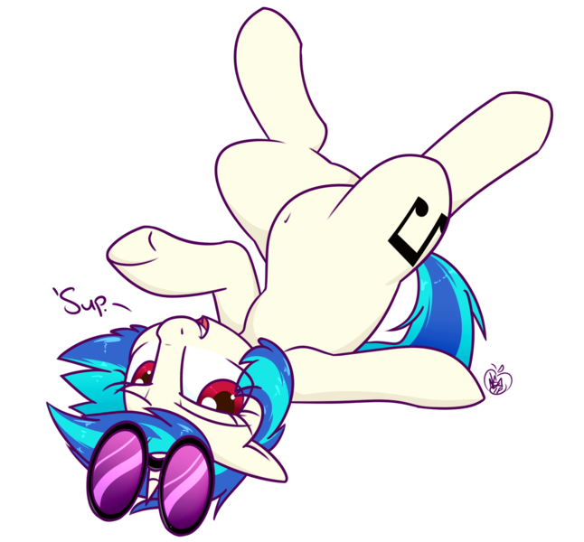 Size: 1400x1300 | Tagged: safe, alternate version, artist:notenoughapples, derpibooru import, vinyl scratch, pony, unicorn, alternate eye color, belly button, female, floppy ears, looking at you, mare, simple background, smiling, solo, sunglasses, transparent background, underhoof, wrong eye color