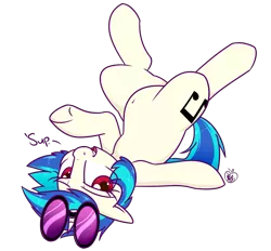 Size: 1400x1300 | Tagged: safe, alternate version, artist:notenoughapples, derpibooru import, vinyl scratch, pony, unicorn, alternate eye color, belly button, female, floppy ears, looking at you, mare, simple background, smiling, solo, sunglasses, transparent background, underhoof, wrong eye color