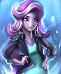 Size: 591x718 | Tagged: safe, artist:bunsogen, derpibooru import, starlight glimmer, human, equestria girls, clothes, hand on hip, jacket, leather jacket, missing accessory, shirt, smiling, solo