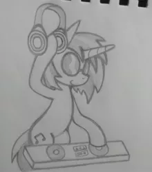 Size: 2447x2784 | Tagged: safe, artist:poorlydrawnpony, derpibooru import, vinyl scratch, pony, headphones, monochrome, traditional art, turntable