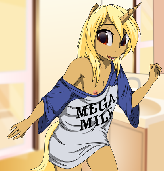 Size: 2980x3097 | Tagged: questionable, artist:up1ter, derpibooru import, oc, oc:cinnamon bun, unofficial characters only, anthro, unicorn, accidental exposure, breasts, clothes, delicious flat chest, exposed breasts, female, loose fitting clothes, mare, mega milk, meme, nipple piercing, nipples, oversized clothes, oversized shirt, piercing, shirt, solo, solo female, t-shirt, wardrobe malfunction