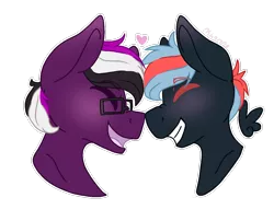 Size: 1200x970 | Tagged: safe, artist:person8149, derpibooru import, oc, unofficial characters only, earth pony, pegasus, pony, blushing, boop, bust, cute, eyes closed, gay, glasses, heart, male, nuzzling, open mouth, portrait, simple background, smiling, stallion, transparent background, white outline