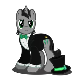 Size: 1417x1417 | Tagged: safe, alternate version, artist:stellardusk, derpibooru import, king sombra, pony, unicorn, alternate cutie mark, alternate hairstyle, alternate universe, bowtie, clothes, cute, hat, looking at you, redesign, redesing of a redesing, simple background, solo, sombradorable, transparent background, tuxedo