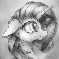 Size: 1500x1500 | Tagged: safe, artist:check3256, derpibooru import, rarity, twilight sparkle, monster pony, original species, pony, spider, spiderpony, unicorn, black and white, bust, duo, female, floppy ears, grayscale, looking at each other, mare, monochrome, portrait, size difference, species swap, twispider