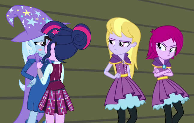 Size: 646x412 | Tagged: safe, artist:ambassad0r, artist:punzil504, artist:solywack, artist:themexicanpunisher, derpibooru import, fuchsia blush, lavender lace, sci-twi, trixie, twilight sparkle, equestria girls, clothes, crystal prep academy uniform, dress, female, hat, jealous, kissing, lesbian, plaid skirt, pleated skirt, school uniform, sci-twixie, shipping, skirt, trixie and the illusions, trixie's hat, twixie