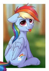 Size: 1211x1766 | Tagged: safe, artist:deltauraart, derpibooru import, rainbow dash, pegasus, pony, :p, cute, dashabetes, female, floppy ears, folded wings, grass, head turn, looking at you, looking back, looking up, mare, mlem, silly, sitting, smiling, solo, tongue out, wings