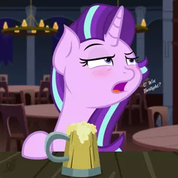 Size: 2560x2555 | Tagged: safe, artist:esfelt, artist:slb94, derpibooru import, starlight glimmer, pony, alcohol, bar, beer, blushing, cider, drunk, drunklight glimmer, mug, tankard, u wot m8