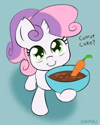 Size: 800x1000 | Tagged: safe, artist:empyu, derpibooru import, sweetie belle, pony, unicorn, bowl, carrot, cute, dialogue, diasweetes, female, filly, food, hnnng, hoof hold, looking at you, looking up, smiling, speech, sweetie belle can't cook, sweetie fail