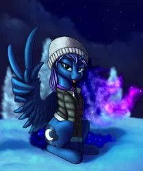 Size: 1700x2037 | Tagged: safe, artist:pony-way, derpibooru import, princess luna, alicorn, pony, clothes, ethereal mane, female, galaxy mane, looking at you, sitting, sketch, snow, solo, tongue out, wing gesture, wing hands, winter