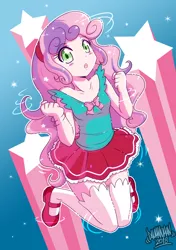 Size: 2806x3980 | Tagged: safe, artist:danmakuman, derpibooru import, sweetie belle, equestria girls, clothes, cute, diasweetes, hairband, long socks, looking at you, mary janes, miniskirt, shirt, shoes, skirt, socks, solo, stockings, thigh highs
