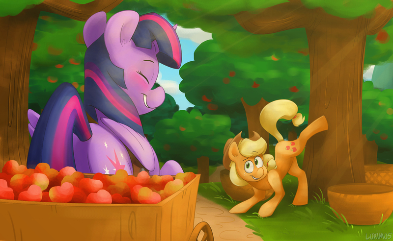 Size: 3839x2359 | Tagged: safe, artist:luximus17, derpibooru import, applejack, twilight sparkle, twilight sparkle (alicorn), alicorn, earth pony, pony, apple, apple tree, applebucking, blushing, cowboy hat, crepuscular rays, eyes closed, female, food, grass, hat, kicking, lesbian, mare, shipping, stetson, tree, twijack