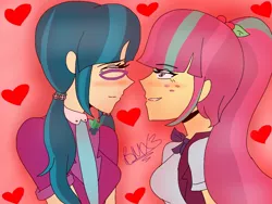 Size: 1024x768 | Tagged: safe, artist:brickercupmasterx3, derpibooru import, juniper montage, sour sweet, equestria girls, clothes, crack shipping, female, freckles, glasses, heart, junipersweet, lesbian, looking at each other, shipping, smiling