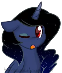 Size: 507x590 | Tagged: safe, artist:ipandacakes, derpibooru import, oc, oc:nightfly, unofficial characters only, alicorn, pony, alicorn oc, ethereal mane, female, mare, offspring, one eye closed, parent:king sombra, parent:princess luna, parents:lumbra, red eyes, simple background, solo, starry mane, transparent background, wink