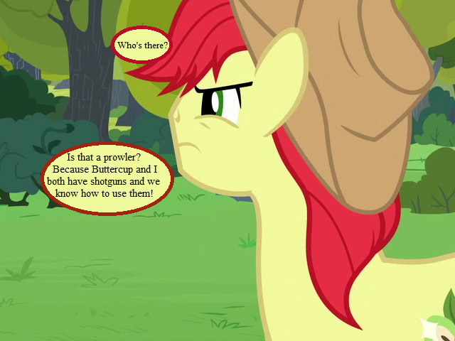 Size: 640x480 | Tagged: semi-grimdark, derpibooru import, edit, edited screencap, screencap, bright mac, the perfect pear, angry, cowboy hat, cropped, hat, implied pear butter, implied prowler, speech bubble, text, tree