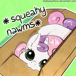 Size: 2000x2000 | Tagged: safe, artist:itsalwayspony, derpibooru import, sweetie belle, pony, unicorn, :3, behaving like a cat, biting, box, cardboard box, cheek fluff, colored pupils, cute, daaaaaaaaaaaw, descriptive noise, diasweetes, dilated pupils, ear fluff, female, filly, green background, happy, hnnng, horn, itsalwayspony is trying to murder us, kitty belle, leg fluff, looking at you, looking up, mouth hold, nom, ponified animal photo, pony in a box, prone, puffy cheeks, simple background, solo, squeak, squeaky belle, text, weapons-grade cute, wide eyes