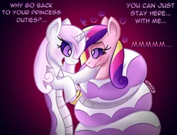 Size: 1010x768 | Tagged: safe, artist:snakeythingy, derpibooru import, fleur-de-lis, princess cadance, alicorn, lamia, original species, blushing, chin stroke, coils, crack shipping, dialogue, eyelashes, eyeshadow, female, fleurdance, gradient background, happy trance, heart, hypnosis, implied arousal, kaa eyes, lesbian, lidded eyes, looking at each other, makeup, massage, shipping, species swap, story included, swirly eyes, text, wall of text