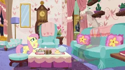 Size: 1280x720 | Tagged: safe, derpibooru import, screencap, discord, fluttershy, draconequus, pegasus, pony, discordant harmony, clock, clothes, confused, cup, eyebrows, fading, food, g4, glasses, image, milk toast, mirror, png, raised eyebrow, sandwich, scone, sweater, teacup, transparent