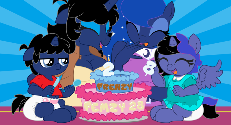 Size: 11000x6000 | Tagged: safe, artist:evilfrenzy, derpibooru import, princess luna, oc, oc:cruithne, oc:femzy, oc:frenzy, alicorn, anthro, unguligrade anthro, unicorn, absurd resolution, age regression, alicorn oc, baby, baby pony, birthday, birthday cake, cake, diaper, equestria girls outfit, foal, food, laughing, offspring, parent:oc:frenzy, parent:princess luna, parents:canon x oc