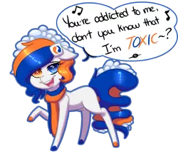 Size: 925x812 | Tagged: safe, artist:ghostlymarie, derpibooru import, oc, oc:tide pod, unofficial characters only, food pony, pony, blank flank, britney spears, dialogue, english, looking at you, open mouth, pod, raised hoof, raised leg, simple background, singing, smiling, solo, song reference, standing, tide pods, tide pony, toxic (song), transparent background