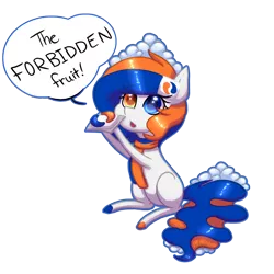 Size: 1000x1000 | Tagged: safe, artist:ghostlymarie, derpibooru import, oc, oc:tide pod, unofficial characters only, food pony, pony, blank flank, dialogue, english, forbidden fruit, heterochromia, holding, offering, open mouth, pod, simple background, sitting, solo, speech, speech bubble, tide pods, tide pony, transparent background