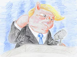 Size: 1016x758 | Tagged: safe, artist:t72b, derpibooru import, ponified, pony, bust, clothes, colored pencil drawing, donald trump, fine art parody, grumpy, lip bite, male, microphone, nightmare fuel, politics, portrait, snarling, solo, suit, teeth grinding, traditional art