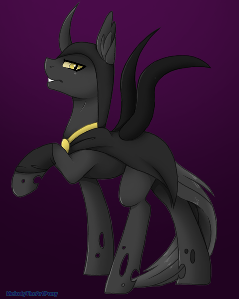 Size: 638x800 | Tagged: artist:melodytheartpony, changeling, changeling oc, cloak, clothes, commission, derpibooru import, gradient background, oc, oc:flavis, safe, solo, unofficial characters only, yellow changeling