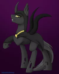 Size: 638x800 | Tagged: artist:melodytheartpony, changeling, changeling oc, cloak, clothes, commission, derpibooru import, gradient background, oc, oc:flavis, safe, solo, unofficial characters only, yellow changeling