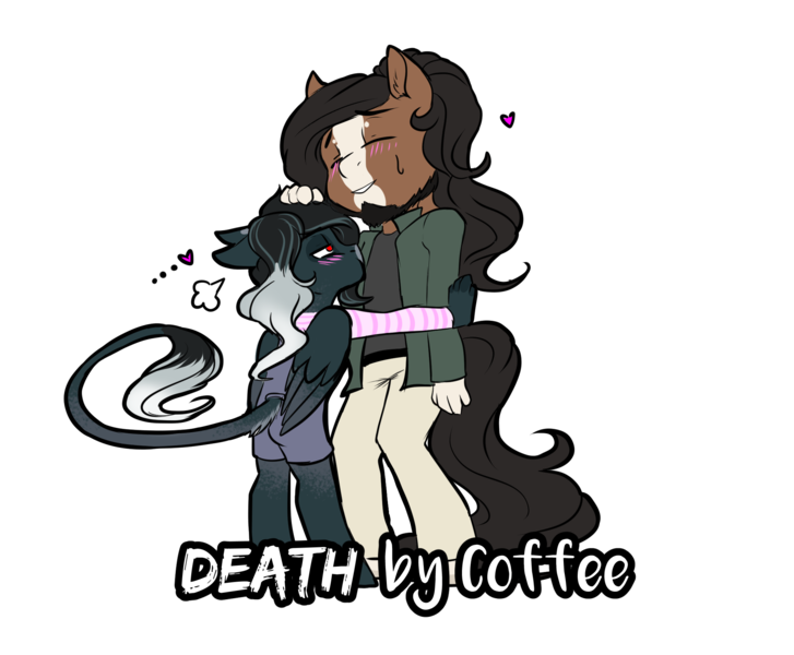 Size: 2150x1775 | Tagged: safe, artist:theecchiqueen, deleted from derpibooru, derpibooru import, oc, oc:pandie, oc:walter nutt, unofficial characters only, anthro, earth pony, pegasus, anthro oc, chibi, clothes, death by coffee, female, leonine tail, male, oc x oc, overalls, pants, shipping, shirt, simple background, straight, transparent background