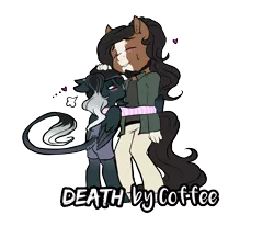 Size: 2150x1775 | Tagged: safe, artist:theecchiqueen, deleted from derpibooru, derpibooru import, oc, oc:pandie, oc:walter nutt, unofficial characters only, anthro, earth pony, pegasus, anthro oc, chibi, clothes, death by coffee, female, leonine tail, male, oc x oc, overalls, pants, shipping, shirt, simple background, straight, transparent background