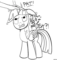 Size: 1104x1154 | Tagged: safe, artist:earthenhoof, derpibooru import, twilight sparkle, twilight sparkle (alicorn), oc, oc:anon, alicorn, human, pony, angry, black and white, dialogue, female, floppy ears, grayscale, hand, head pat, human on pony petting, monochrome, motion lines, nonconsensual, pat, petting, request, simple background, vulgar, white background