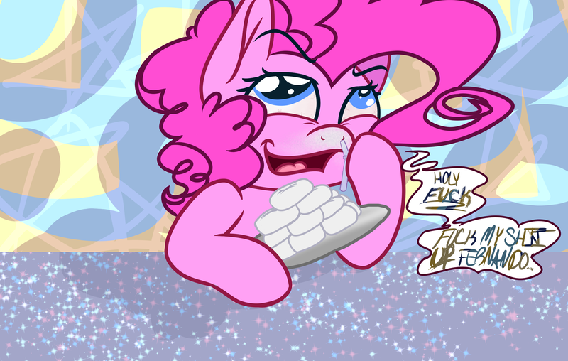 Size: 3700x2350 | Tagged: semi-grimdark, artist:binkyt11, derpibooru import, fernando the straw, pinkie pie, earth pony, pony, 2017, abstract background, donut, drinking straw, drugs, female, food, mare, not drugs, powdered donut, seizure warning in description, sketch, sketch dump, speech bubble, vulgar, wat, why