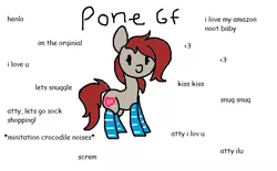 Size: 607x377 | Tagged: safe, artist:nootaz, derpibooru import, oc, oc:ponepony, unofficial characters only, pony, clothes, henlo, ideal gf, meme, simple background, socks, solo, striped socks, white background