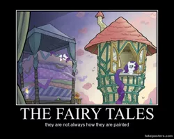 Size: 600x480 | Tagged: bed, demotivational poster, derpibooru import, fairy tale, long tail, meme, poster, rapunzel, raripunzel, rarity, safe, text, the princess and the pea, tower