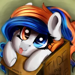 Size: 604x604 | Tagged: safe, artist:beardie, artist:spoopygander, derpibooru import, oc, oc:tide pod, unofficial characters only, food pony, pony, :p, box, collaboration, cute, heterochromia, pony in a box, silly, solo, tide pods, tide pony, tongue out