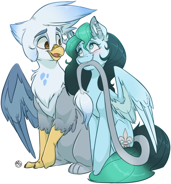 Size: 3000x3216 | Tagged: safe, artist:kez, derpibooru import, oc, oc:ganix, oc:liz, unofficial characters only, gryphon, pegasus, pony, biting, blushing, claws, couple, cute, ear piercing, galiz, interspecies, piercing, romantic, shipping, simple background, sitting, smiling, tail bite, talons, transparent background, two toned mane, wings