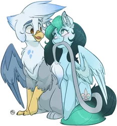 Size: 3000x3216 | Tagged: safe, artist:kez, derpibooru import, oc, oc:ganix, oc:liz, unofficial characters only, gryphon, pegasus, pony, biting, blushing, claws, couple, cute, ear piercing, galiz, interspecies, piercing, romantic, shipping, simple background, sitting, smiling, tail bite, talons, transparent background, two toned mane, wings