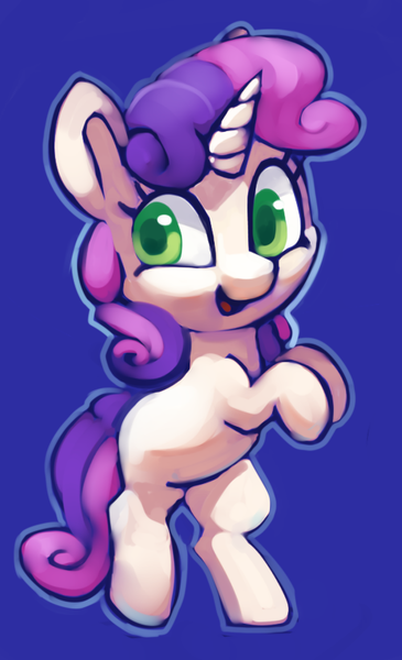 Size: 517x851 | Tagged: safe, artist:lilfunkman, derpibooru import, sweetie belle, pony, unicorn, bipedal, blank flank, blue background, colored pupils, female, filly, looking at you, open mouth, purple background, raised hoof, simple background, smiling, solo, style emulation