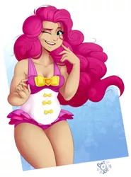 Size: 1850x2500 | Tagged: suggestive, artist:ponut_joe, derpibooru import, pinkie pie, human, equestria girls, equestria girls series, forgotten friendship, attached skirt, bow swimsuit, breasts, chubby, cleavage, clothes, female, frilled swimsuit, human coloration, humanized, jeweled swimsuit, one eye closed, one-piece swimsuit, open mouth, pink swimsuit, plump, ponk, sexy, skirt, smiling, solo, solo female, swimsuit, thighs, tricolor swimsuit, wink