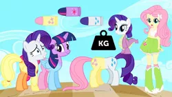 Size: 1280x720 | Tagged: artist needed, source needed, safe, derpibooru import, fluttershy, rainbow dash, rarity, twilight sparkle, twilight sparkle (alicorn), alicorn, buttpony, equestria girls, boots, bullet, clothes, conjoined, fusion, shoes, skirt, socks, tanktop, wat, we have become one, weight