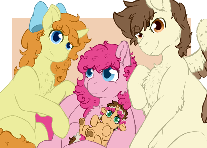 Size: 700x500 | Tagged: safe, artist:mintbubbie, derpibooru import, pinkie pie, pound cake, pumpkin cake, oc, oc:neopolitan swirl, pony, baby, baby pony, offspring, older, parent:cheese sandwich, parent:pinkie pie, parents:cheesepie