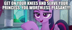 Size: 1920x804 | Tagged: suggestive, derpibooru import, edit, edited screencap, screencap, twilight sparkle, twilight sparkle (alicorn), alicorn, pony, my little pony: the movie, caption, female, image macro, implied cunnilingus, implied oral, implied sex, mare, meme, out of character, peasant, solo, worship