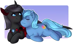 Size: 4819x2898 | Tagged: safe, artist:porcelainpony, derpibooru import, oc, oc:ocean shores, oc:savvy, unofficial characters only, changedling, changeling, dark changedling, ladybug, unicorn, blushing, changeling oc, cuteling, female