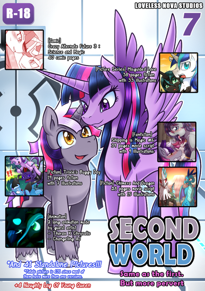 Size: 800x1131 | Tagged: safe, artist:vavacung, derpibooru import, princess ember, queen chrysalis, shining armor, starlight glimmer, thorax, trixie, twilight sparkle, twilight sparkle (alicorn), oc, oc:alternate dawn, oc:apple eden, alicorn, changeling, dragon, unicorn, comic:crazy alternate future 3: science and magic, art pack, art pack cover, comic, dragon lord ember, female, male, patreon, pokémon