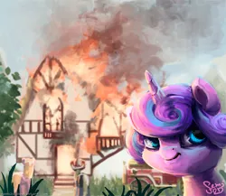 Size: 800x695 | Tagged: safe, artist:nemo2d, derpibooru import, princess flurry heart, alicorn, pony, :t, disaster girl, evil flurry heart, female, filly, fire, firefighter, flurry heart ruins everything, foal, lineless, looking at you, meme, parody, ponified meme, pure unfiltered evil, smiling, smug, solo, some mares just want to watch the world burn