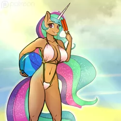 Size: 1280x1279 | Tagged: absolute cleavage, adorasexy, alternate version, anthro, armpits, artist:scorpdk, artist:stasyan1902, beach, beach ball, belly button, bikini, breasts, busty princess celestia, cleavage, clothes, colored, color edit, cute, cutelestia, derpibooru import, edit, female, food, grin, looking at you, mare, patreon, popsicle, princess celestia, sexy, sling bikini, smiling, solo, solo female, suggestive, swimsuit, tanlestia, tanned