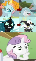 Size: 672x1134 | Tagged: bugbear, bugbear ocellus, changedling, changeling, changeling queen, derpibooru import, disguise, disguised changeling, edit, edited screencap, exploitable meme, female, image macro, meme, obligatory pony, ocellus, ponyville confidential, queen chrysalis, safe, sandbar, school daze, screencap, slice of life (episode), smolder, sudden clarity sweetie belle, sweetie belle, what if, yona