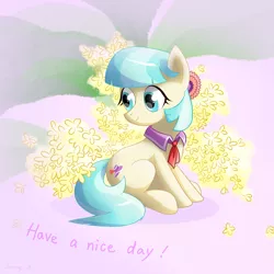 Size: 1748x1748 | Tagged: safe, artist:jeremywithlove, derpibooru import, coco pommel, earth pony, pony, cocobetes, cute, flower, head turn, looking away, sitting, smiling, solo